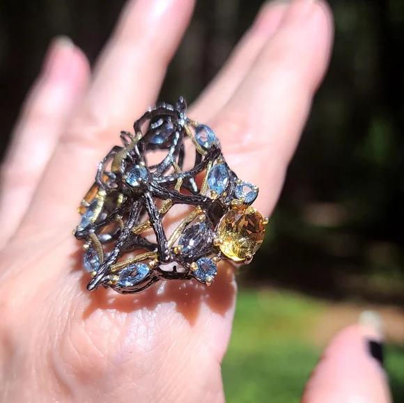 Topaz & Citrine sterling & gold Rhodium 🕷 spider on 🕸 web cocktail ring sz8.5